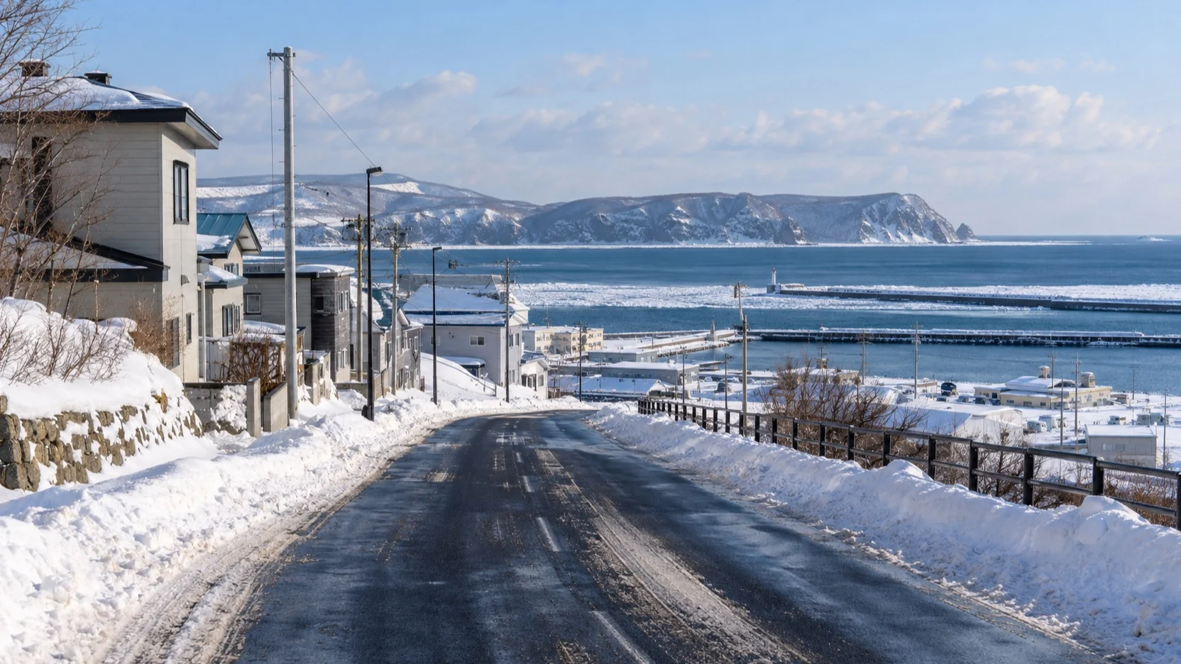 Snow-lined road leading from Abashiri harbor toward town