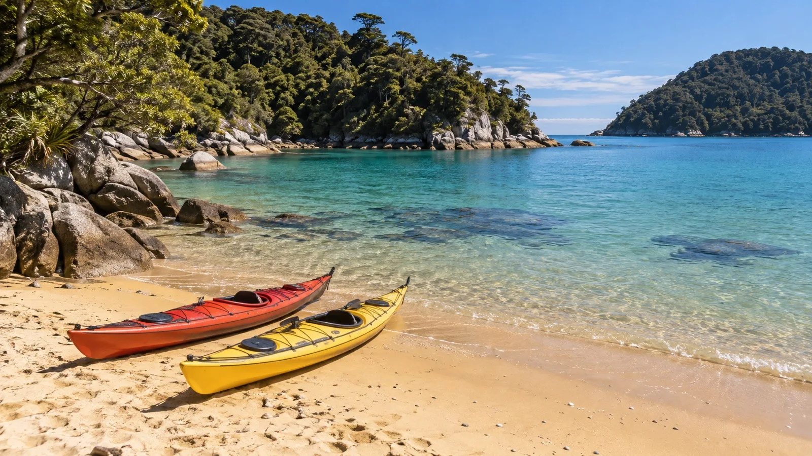 Empty sea kayaks at Abel Tasman golden beach