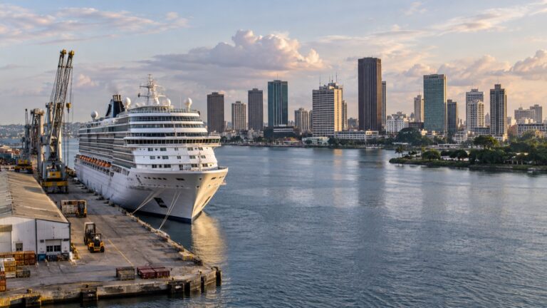 Cruise ship at Abidjan harbor beside Ébrié Lagoon