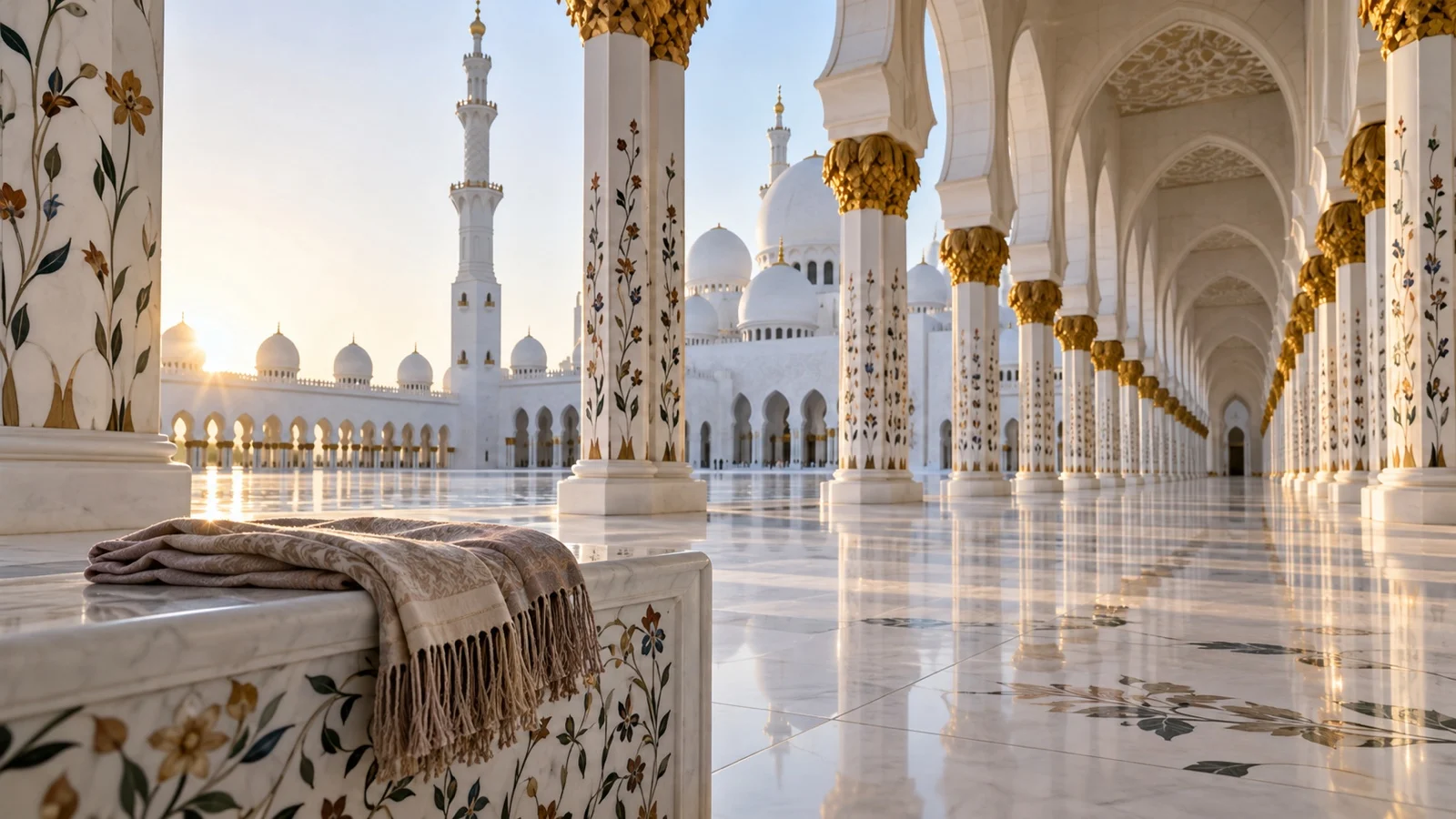 Empty Sheikh Zayed Grand Mosque colonnade with folded modest shawl in foreground