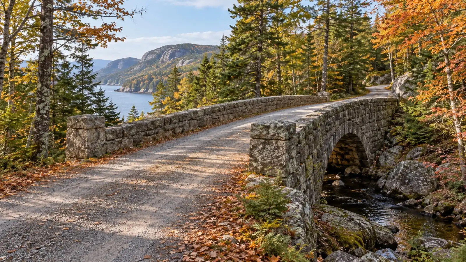 Empty Acadia carriage road crossing a stone bridge through autumn forest