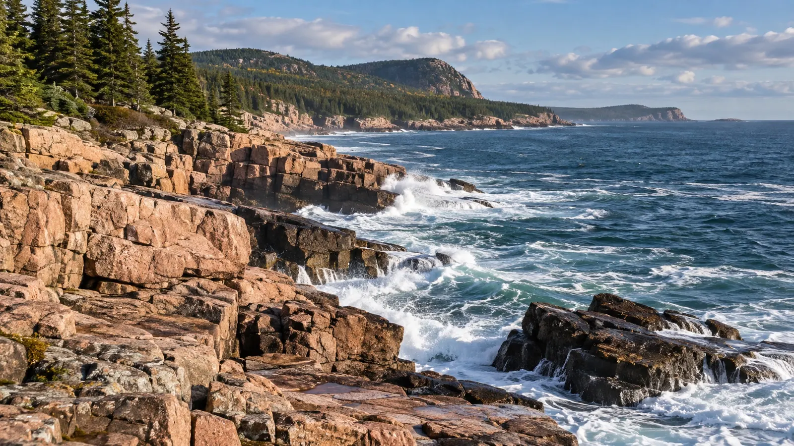 Surf breaking against pink granite cliffs on the Acadia coast