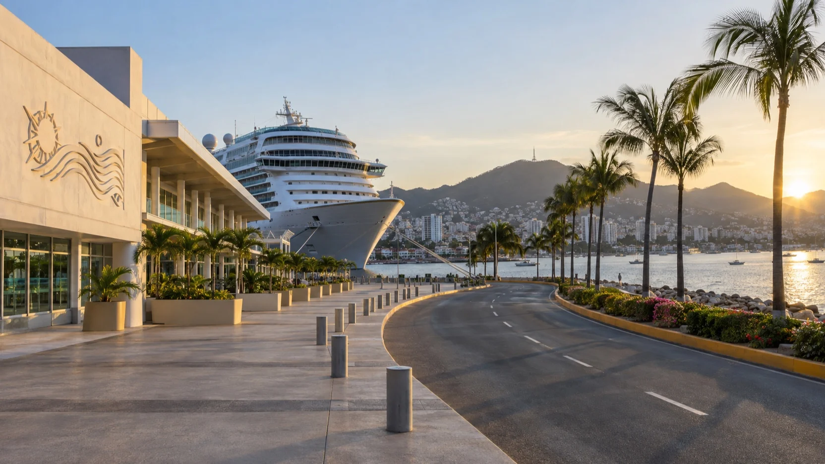 Empty road by the Acapulco cruise terminal and ship