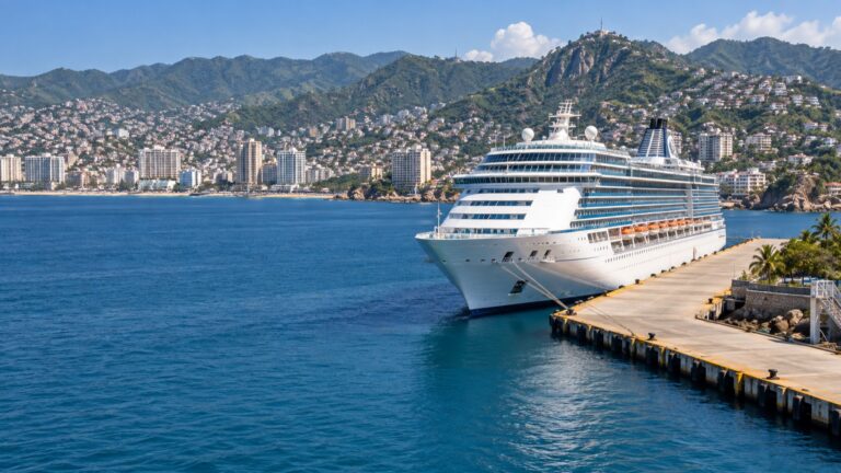 Cruise ship docked in Acapulco Bay below Pacific coast hills