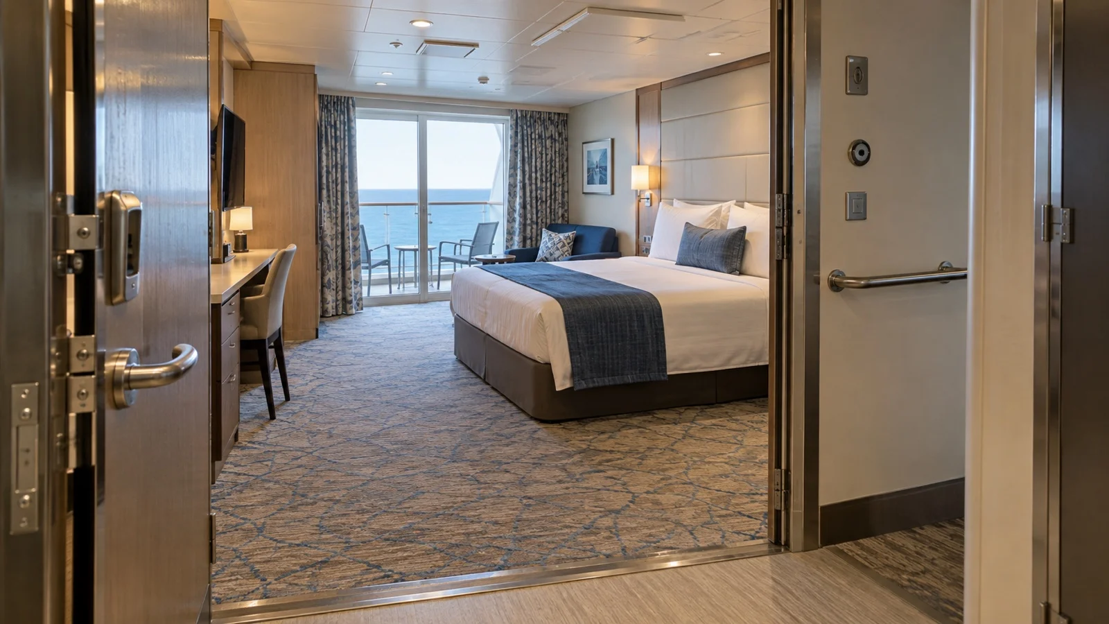 Wide open cruise cabin doorway with wheelchair turning clearance