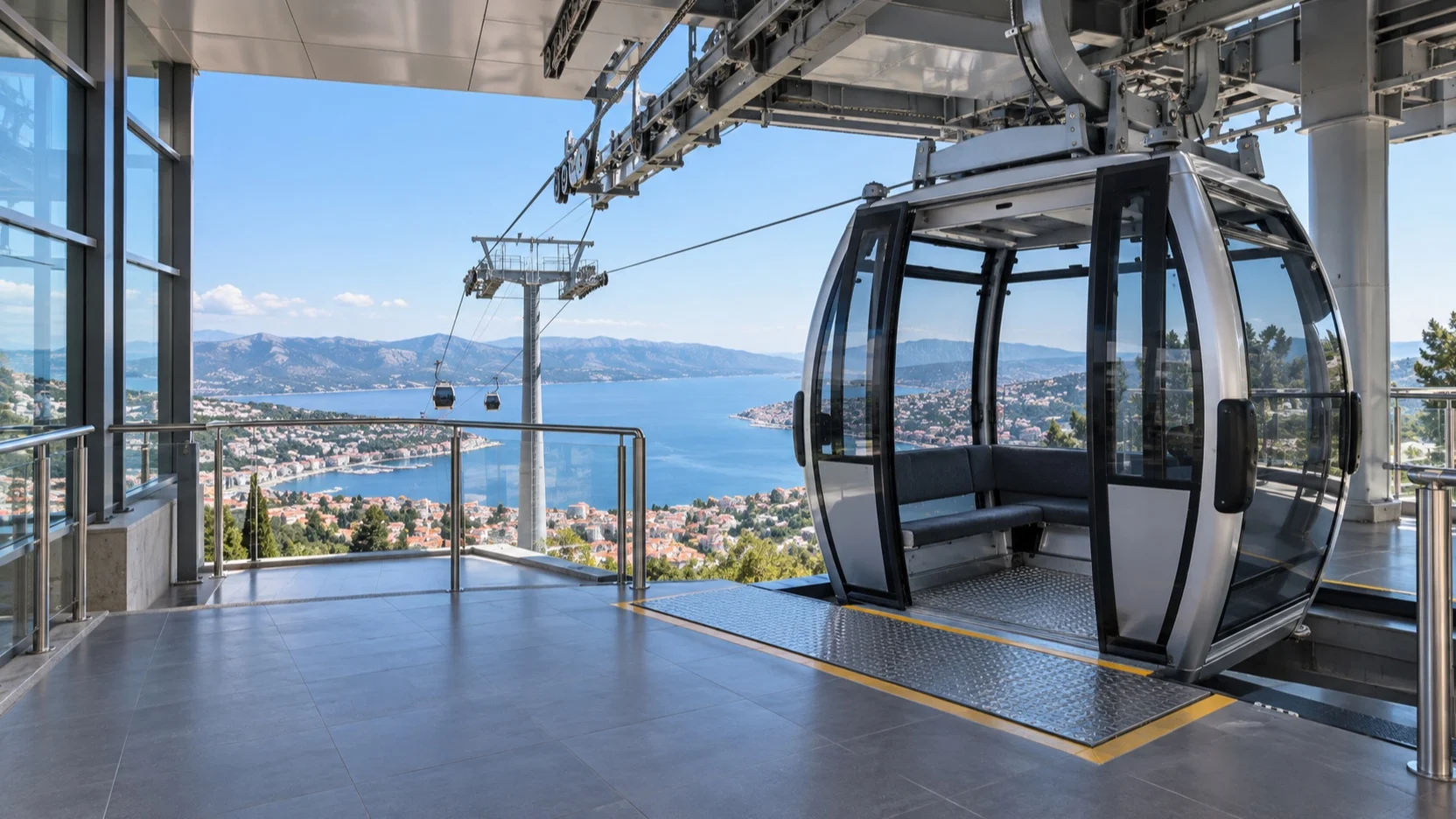 Cable car gondola at a level boarding platform above a coastal town