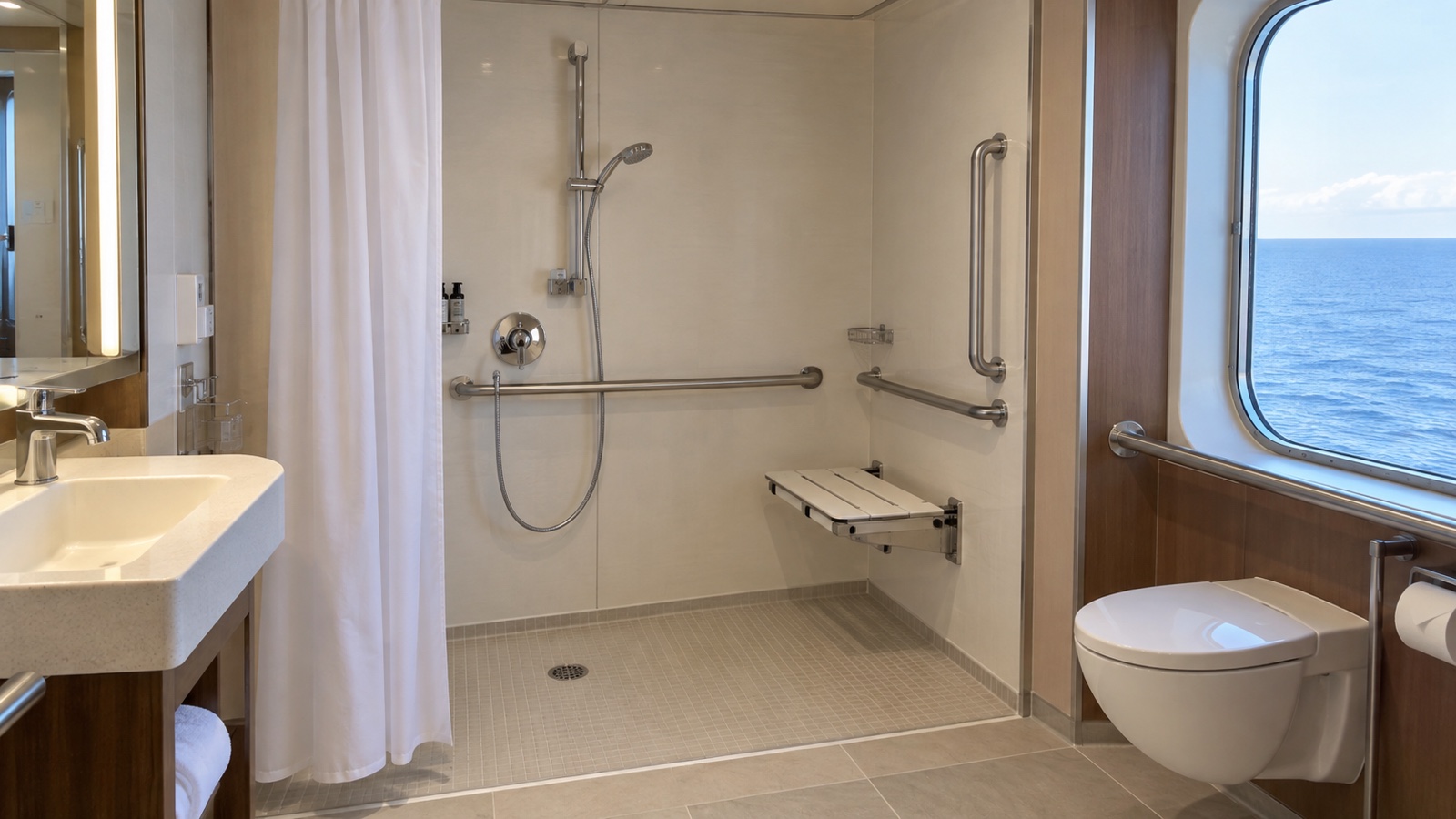Empty roll-in shower and grab bars in a cruise ship accessible bathroom