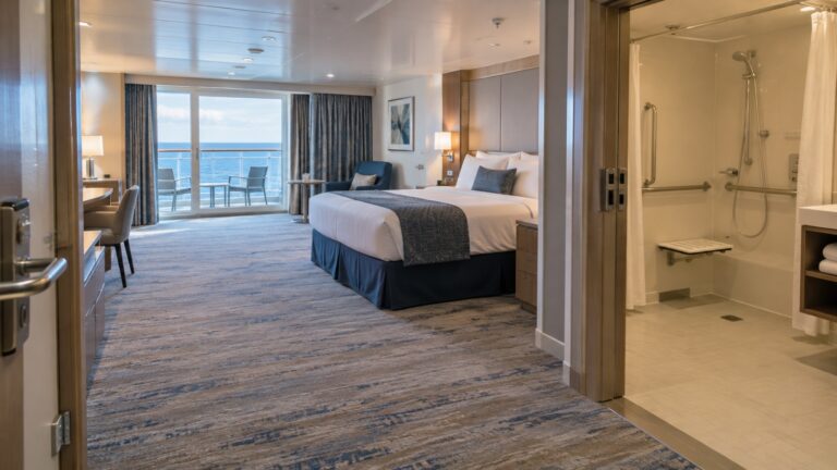 Empty wheelchair-accessible cruise cabin with wide doorway and clear turning space