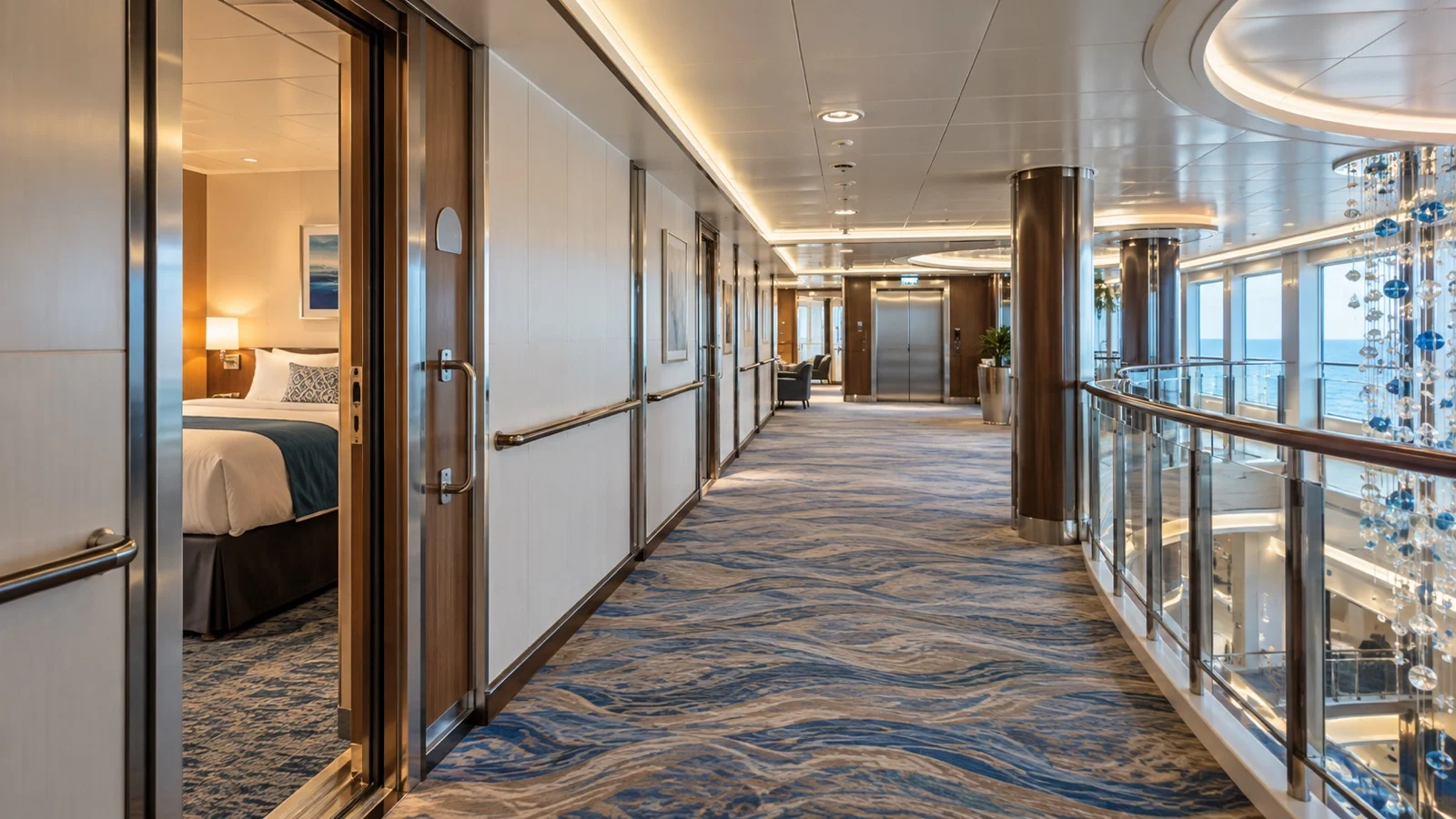 Wide empty cruise corridor leading from accessible cabin toward elevator