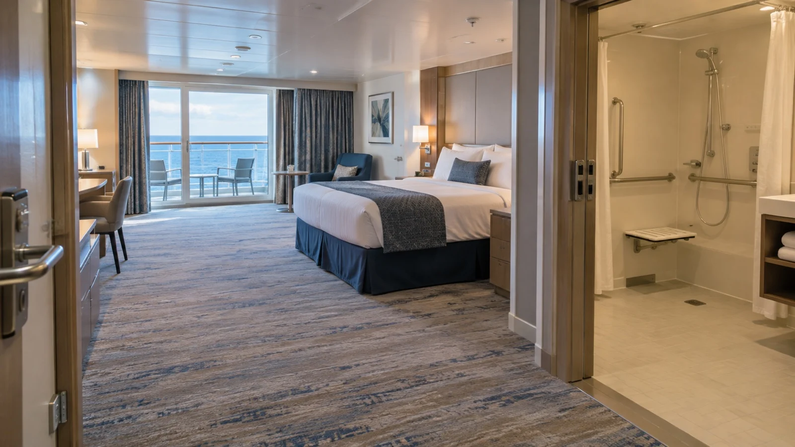 Empty wheelchair-accessible cruise cabin with wide doorway and clear turning space