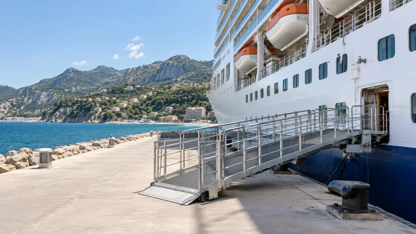 Cruise ship alongside accessible dock with broad level gangway