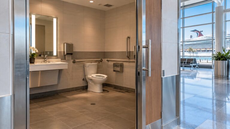 Empty accessible restroom in a modern cruise terminal with wide doorway and grab bars