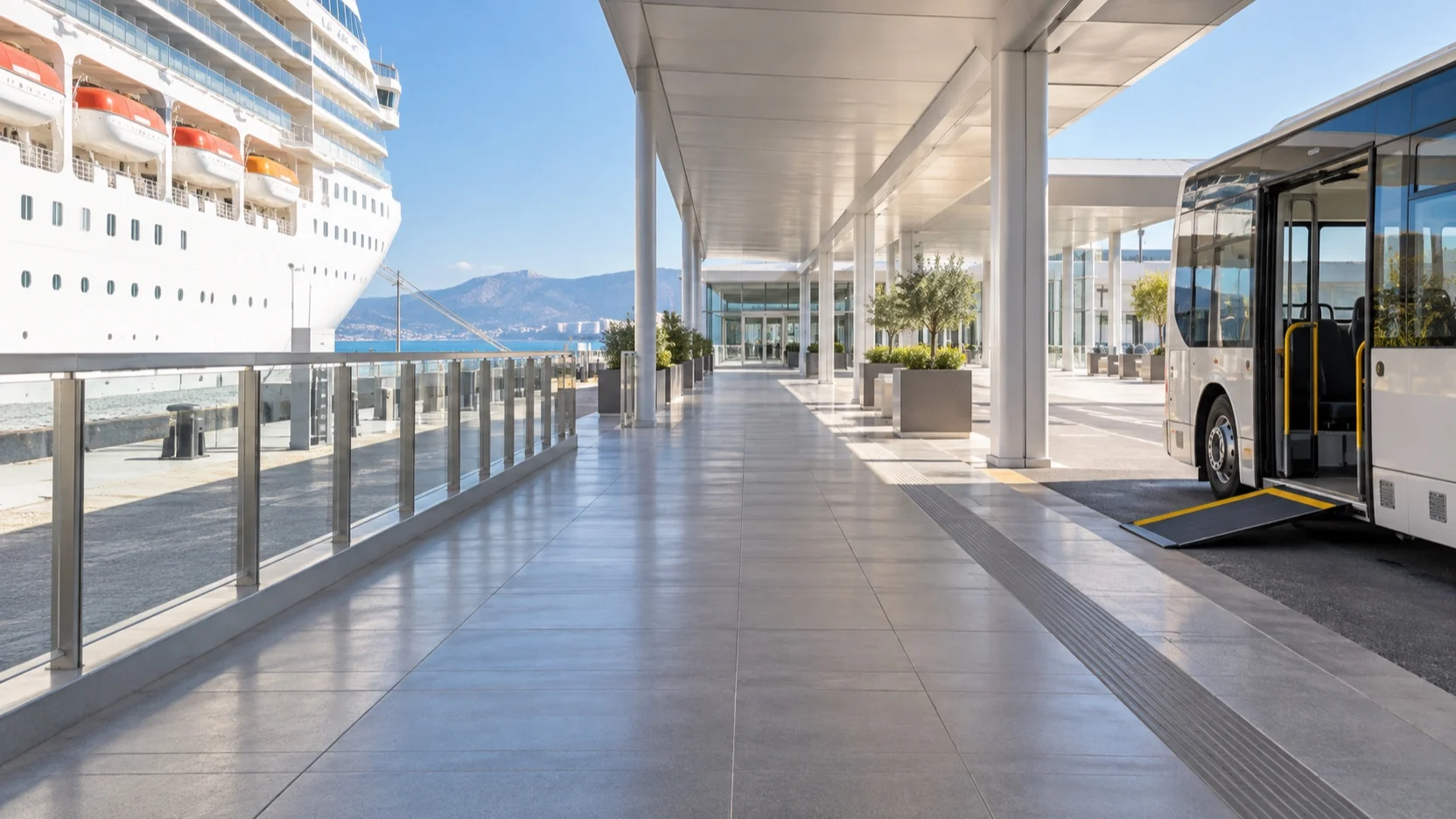 Wide step-free cruise terminal walkway and level shuttle stop