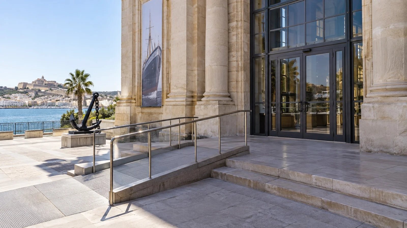 Empty level ramp and wide entrance at a port-city museum