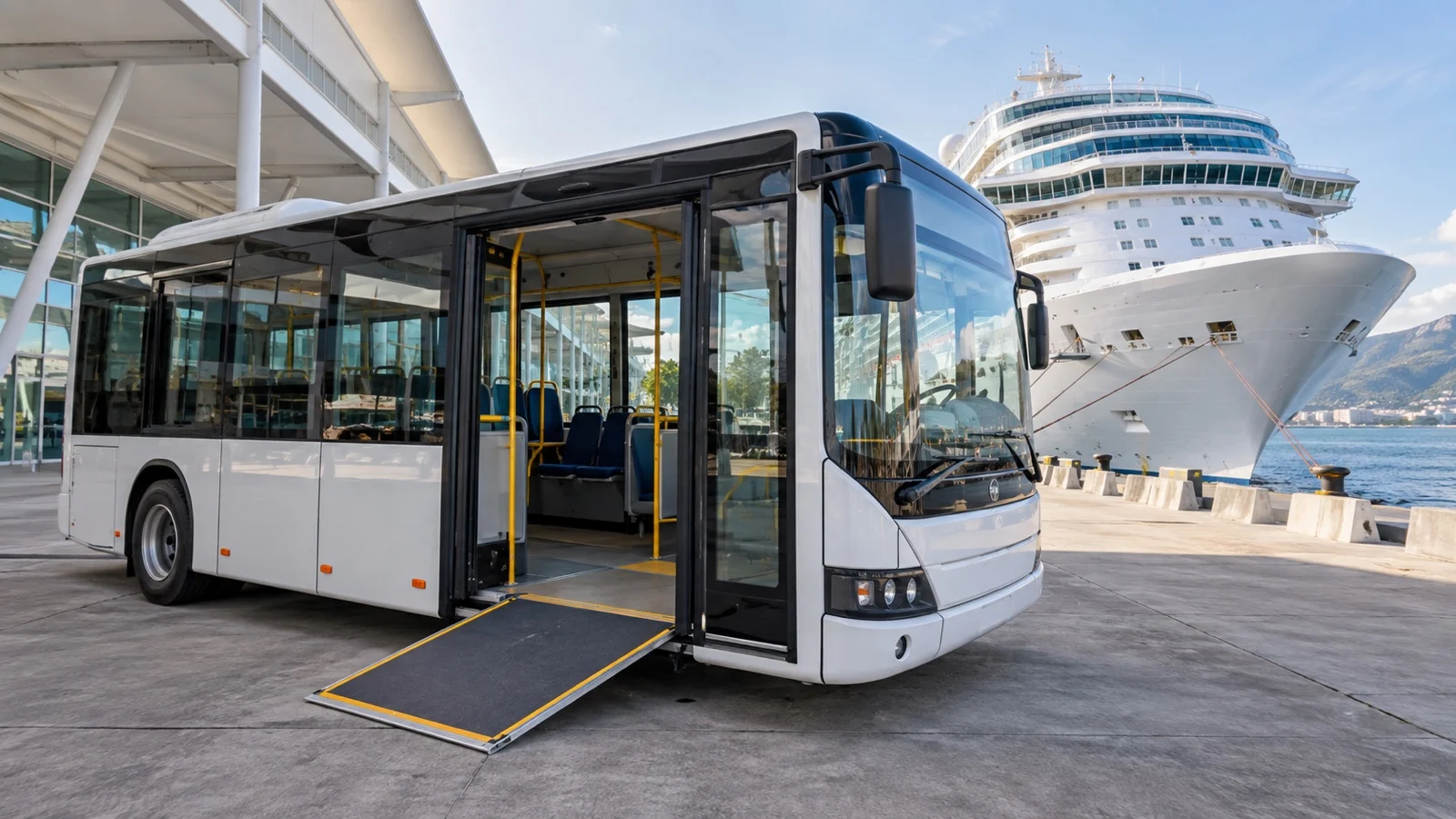 Empty low-floor accessible shuttle bus with ramp deployed at cruise terminal