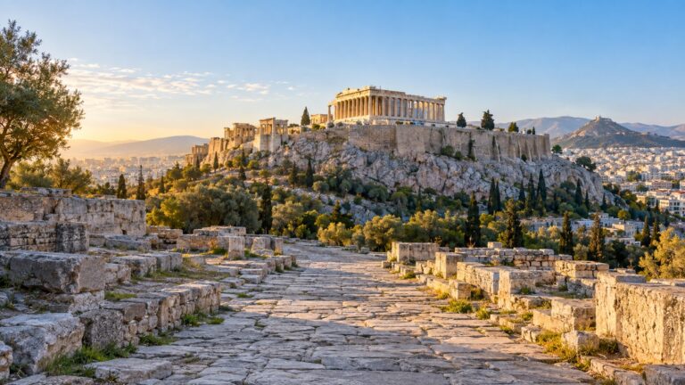 Empty stone approach to the Acropolis of Athens and the Parthenon above the city
