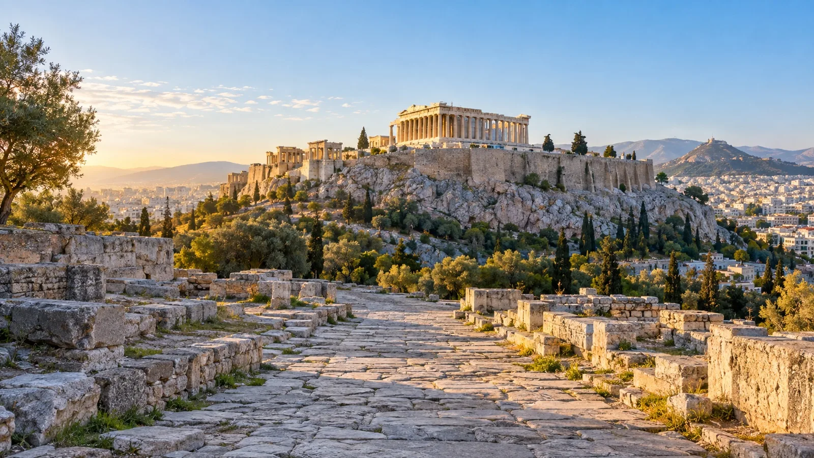 Empty stone approach to the Acropolis of Athens and the Parthenon above the city