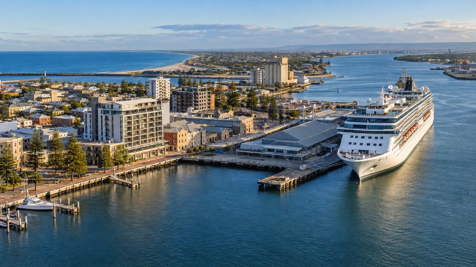 Panoramic Port Adelaide harbor and surrounding hotel areas