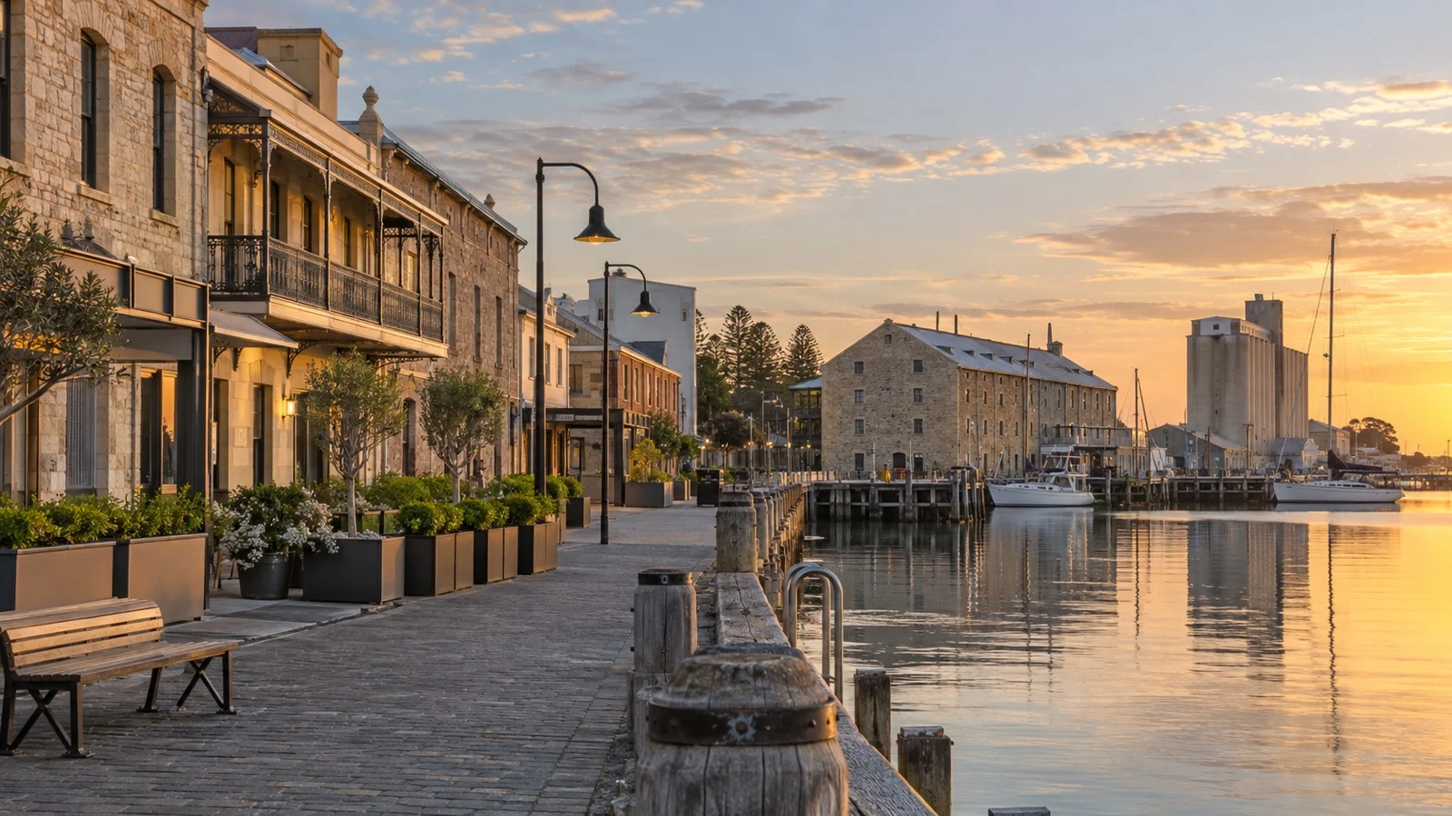 Historic Port Adelaide waterfront buildings near practical pre-cruise hotels