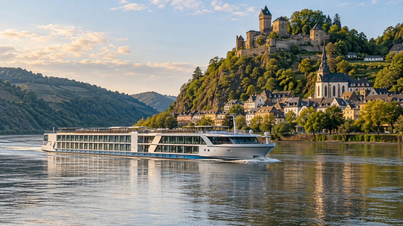 Small river cruise ship on European waterway