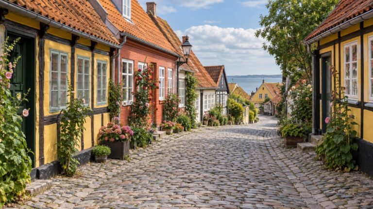 Colorful historic houses along a cobblestone street in Ærøskøbing