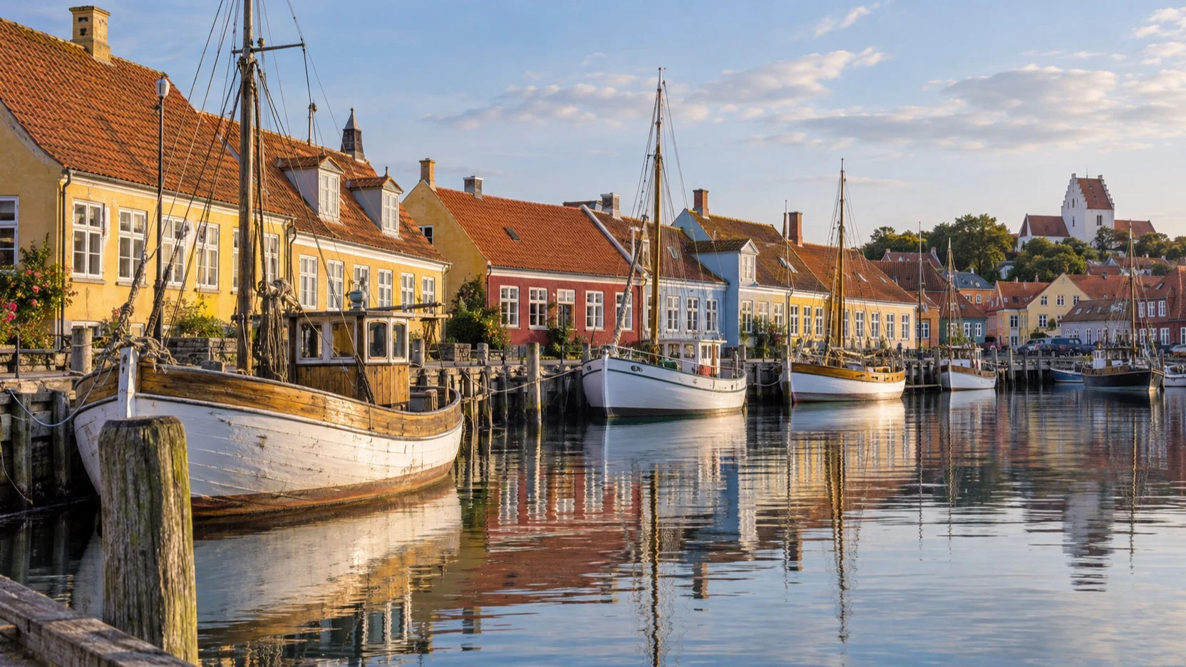 Wooden boats and historic houses at Ærøskøbing harbor