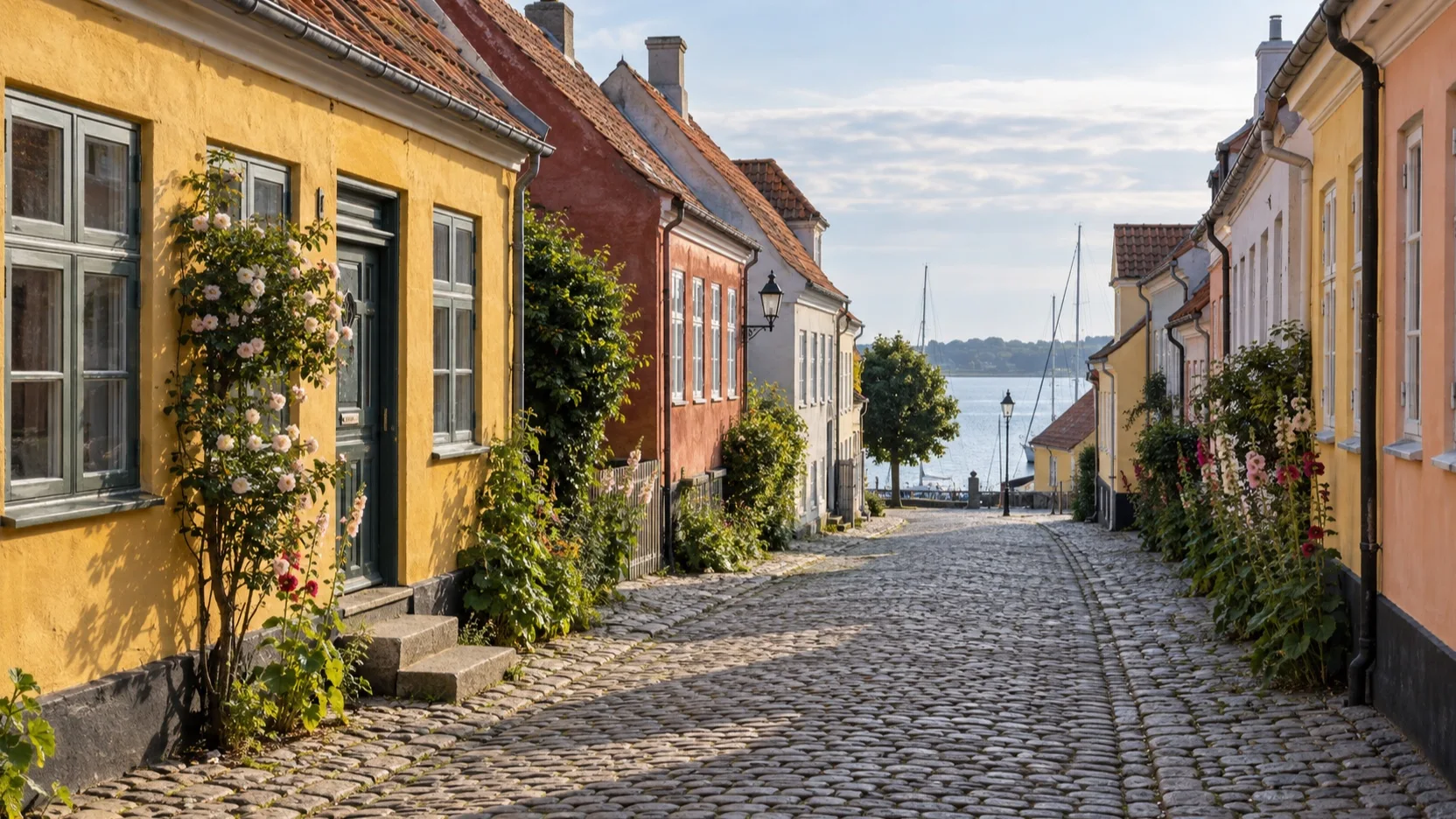 Narrow cobbled lane between colorful historic houses in Ærøskøbing