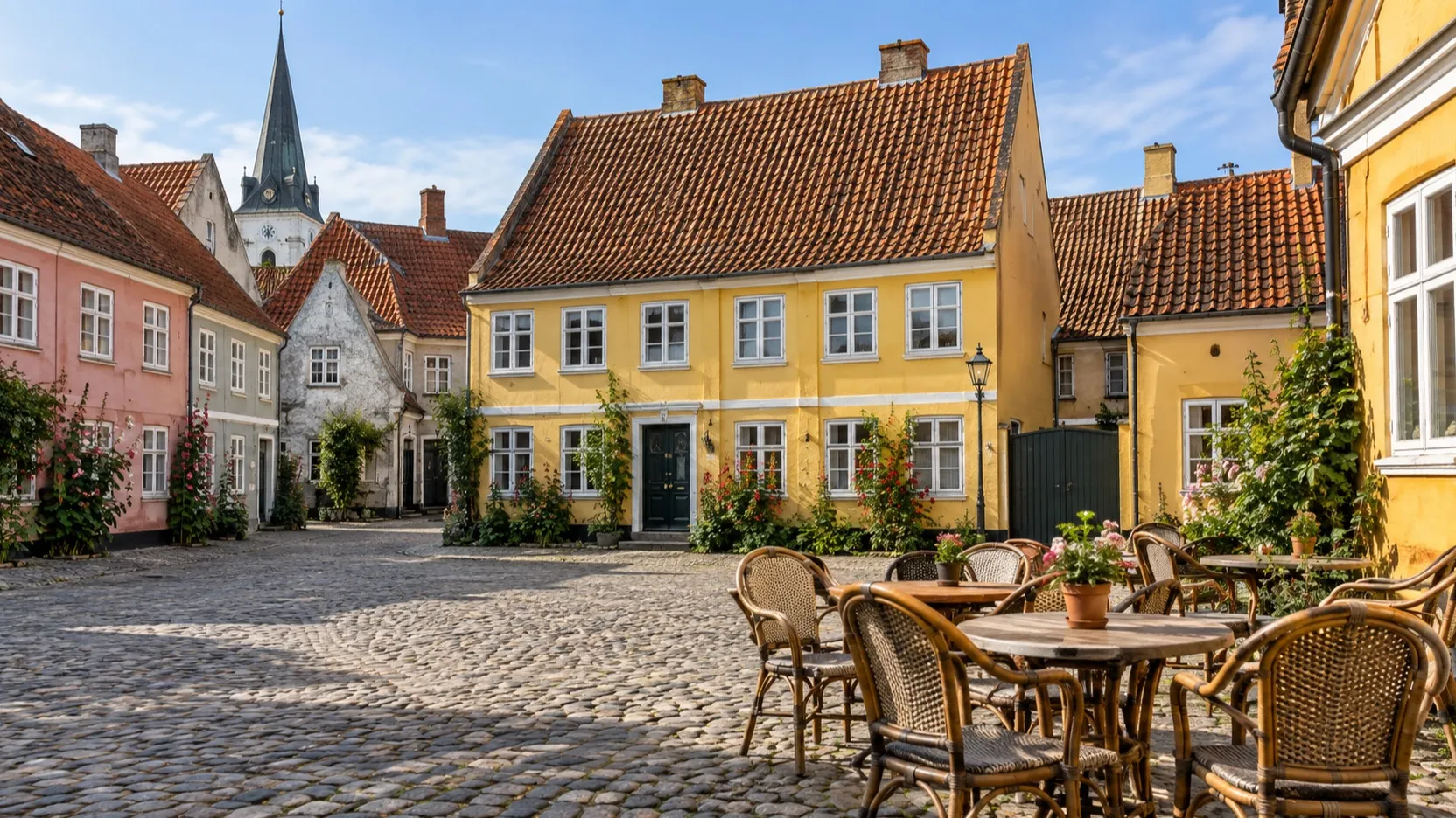 Quiet square and café tables among painted houses in Ærøskøbing