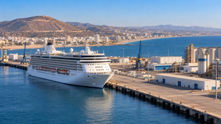 Cruise ship at Agadir's Atlantic harbor with city beyond