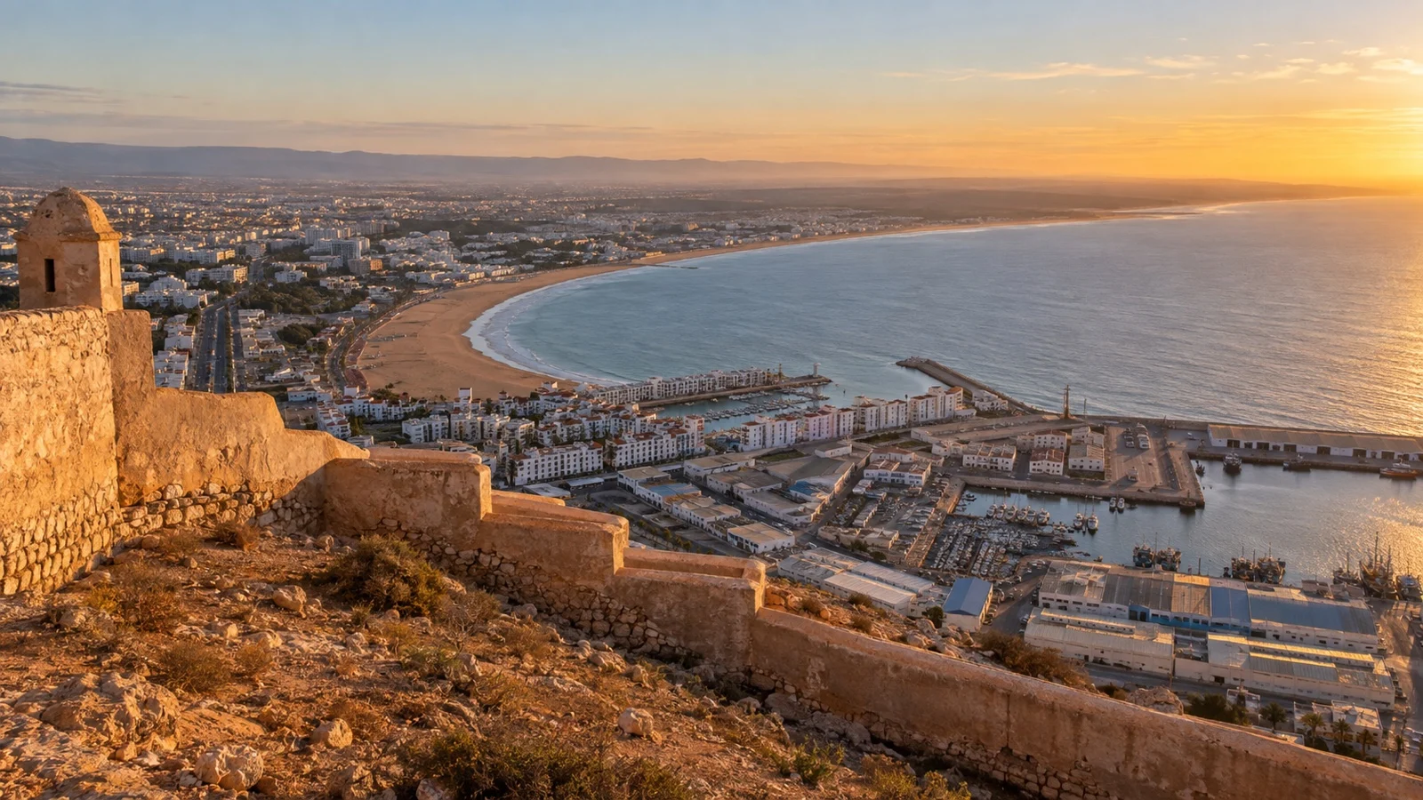 View from Agadir Oufella over the beach, city and Atlantic harbor