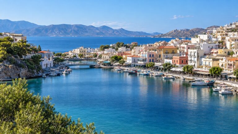 Agios Nikolaos harbor and waterfront buildings on Crete