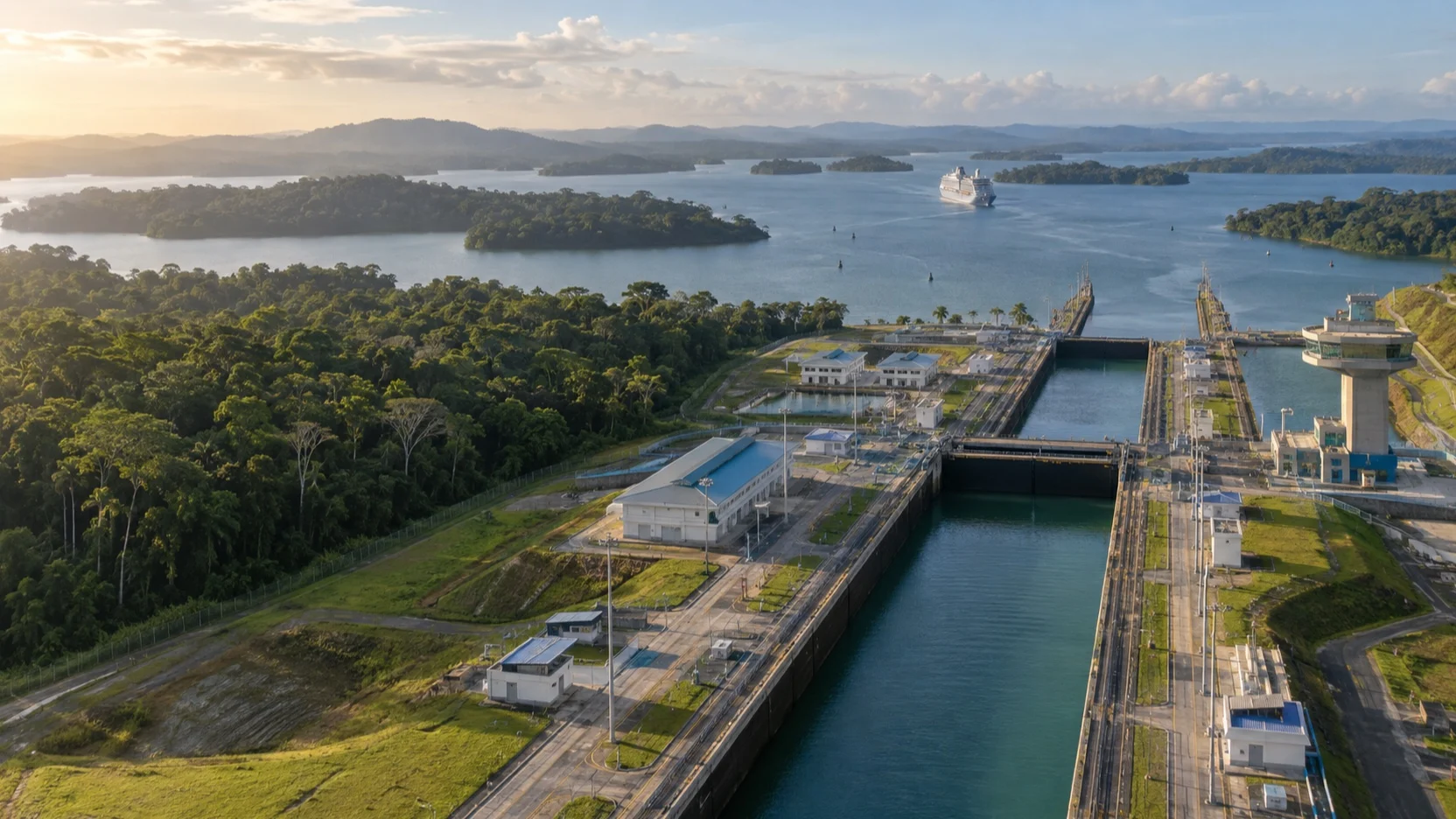 Agua Clara locks beside Gatun Lake and Panama rainforest