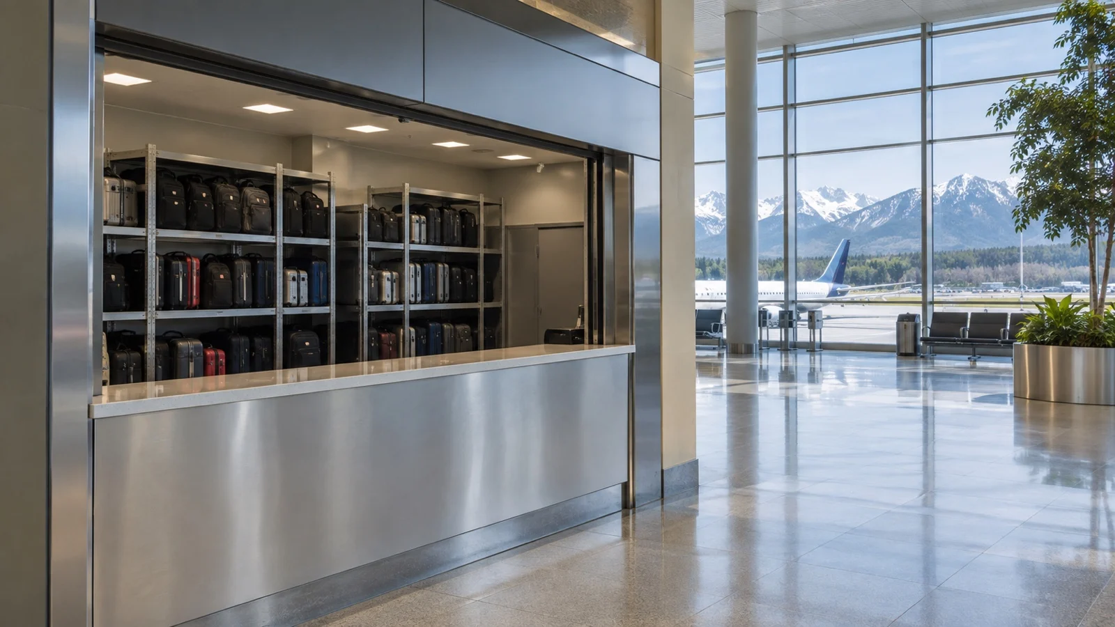 Empty airport luggage storage counter with secure shelves