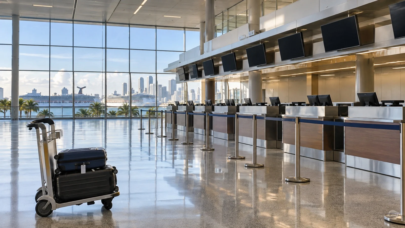 Empty airport airline check-in counters with luggage trolley