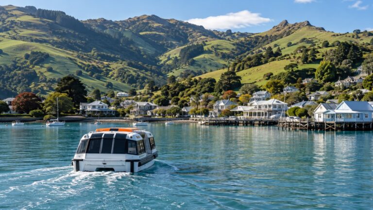 Tender boat approaching Akaroa village across its sheltered harbor