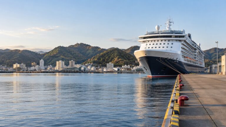 Cruise ship at Akita port with wooded hills behind the city