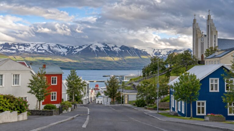 Akureyri town street overlooking the fjord and mountains
