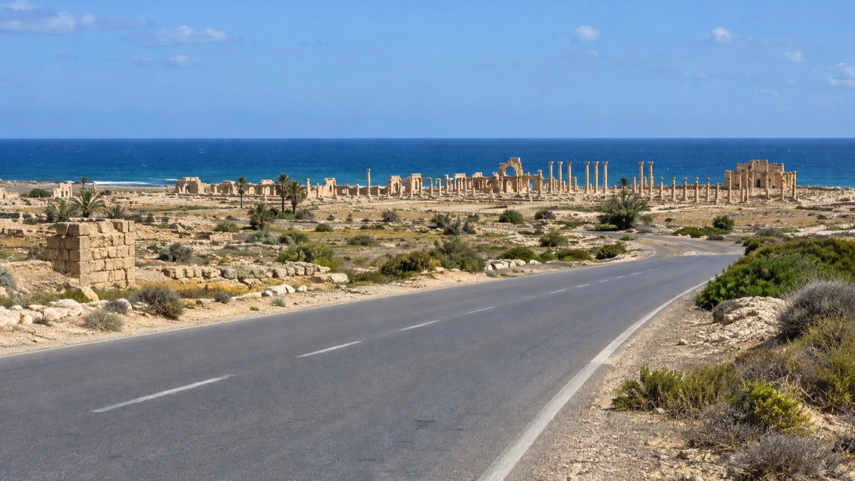 Coastal road leading toward the ancient ruins of Leptis Magna
