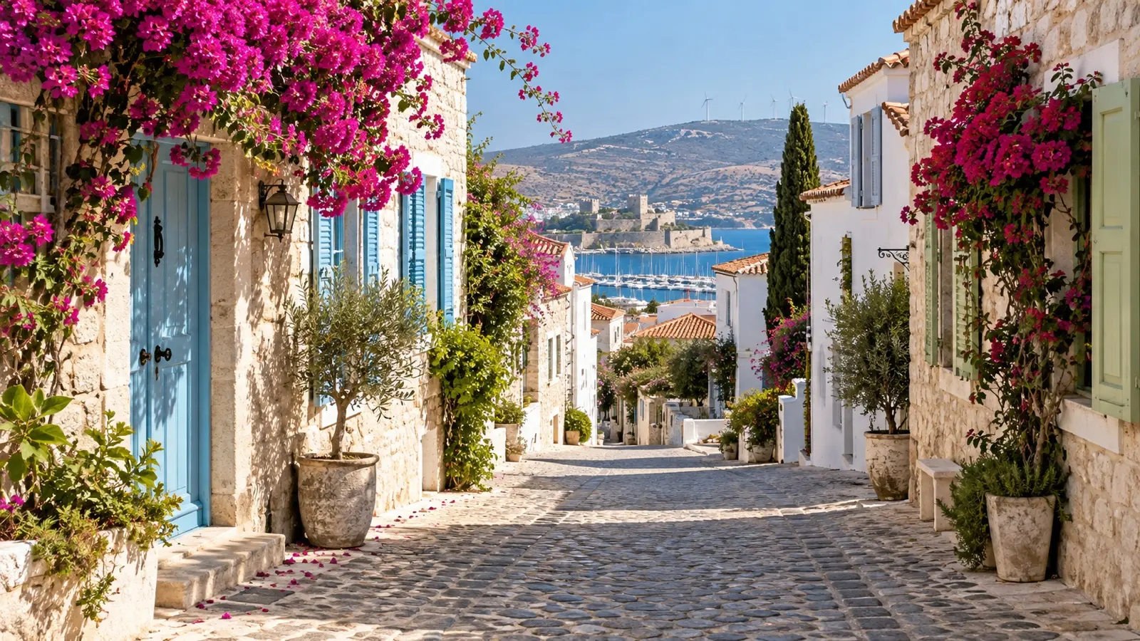 Stone houses and bougainvillea in an Alaçatı lane