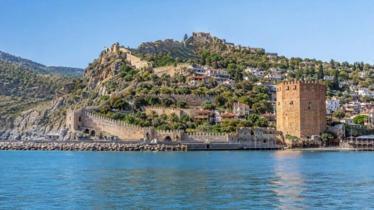 Alanya cruise waterfront beneath the castle hill and Red Tower