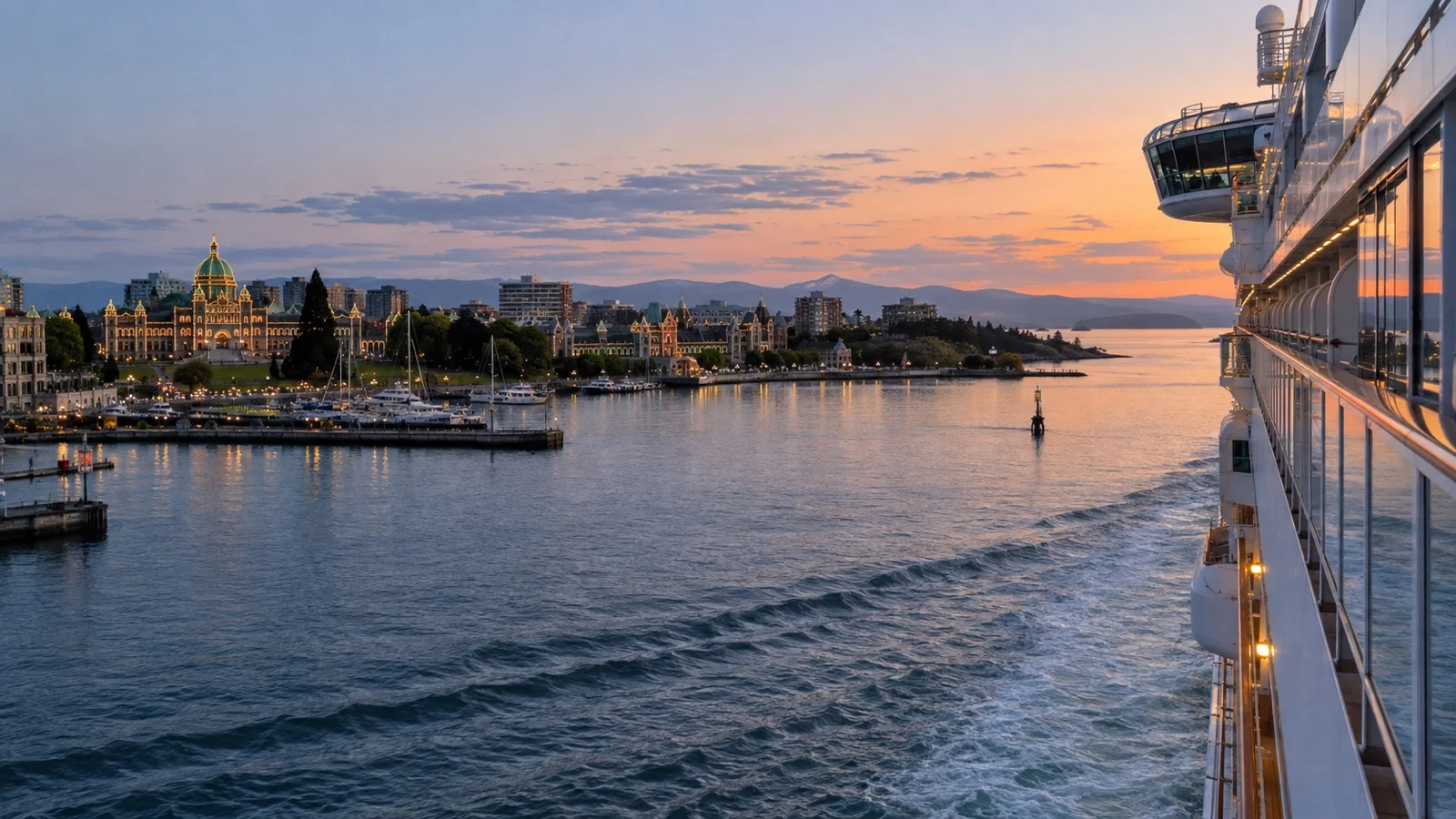Cruise ship departing Victoria harbor at twilight toward open water