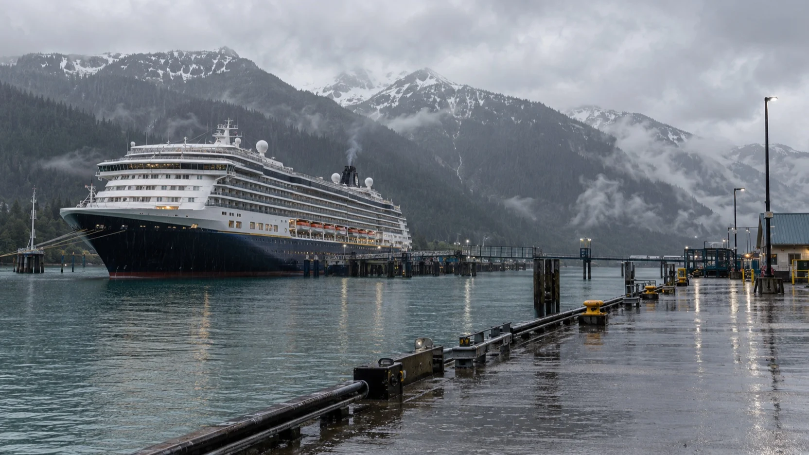 Cruise ship at a rainy Alaska port beneath misty mountains