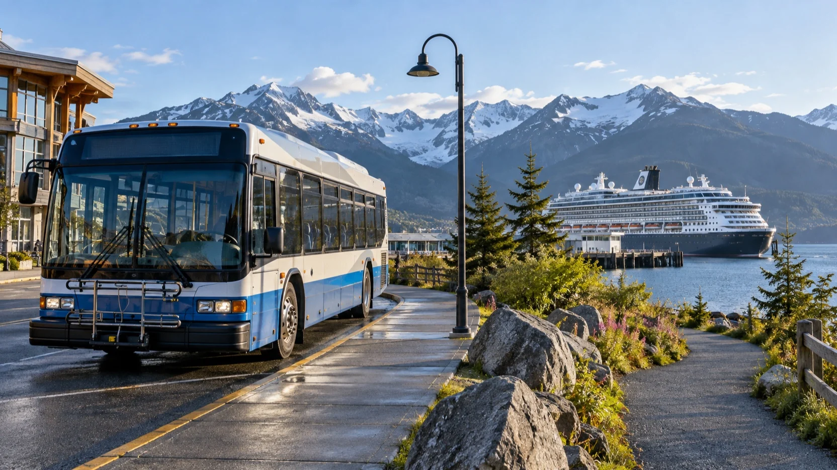 Local bus beside a public waterfront trail near an Alaska cruise ship
