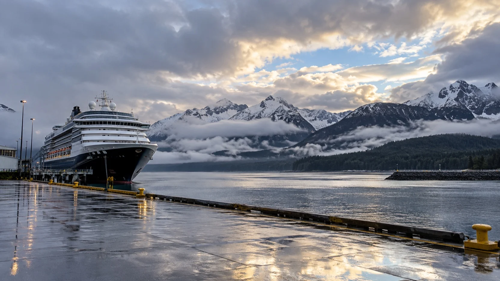 Rain clouds lifting over an Alaska cruise ship and wet quay