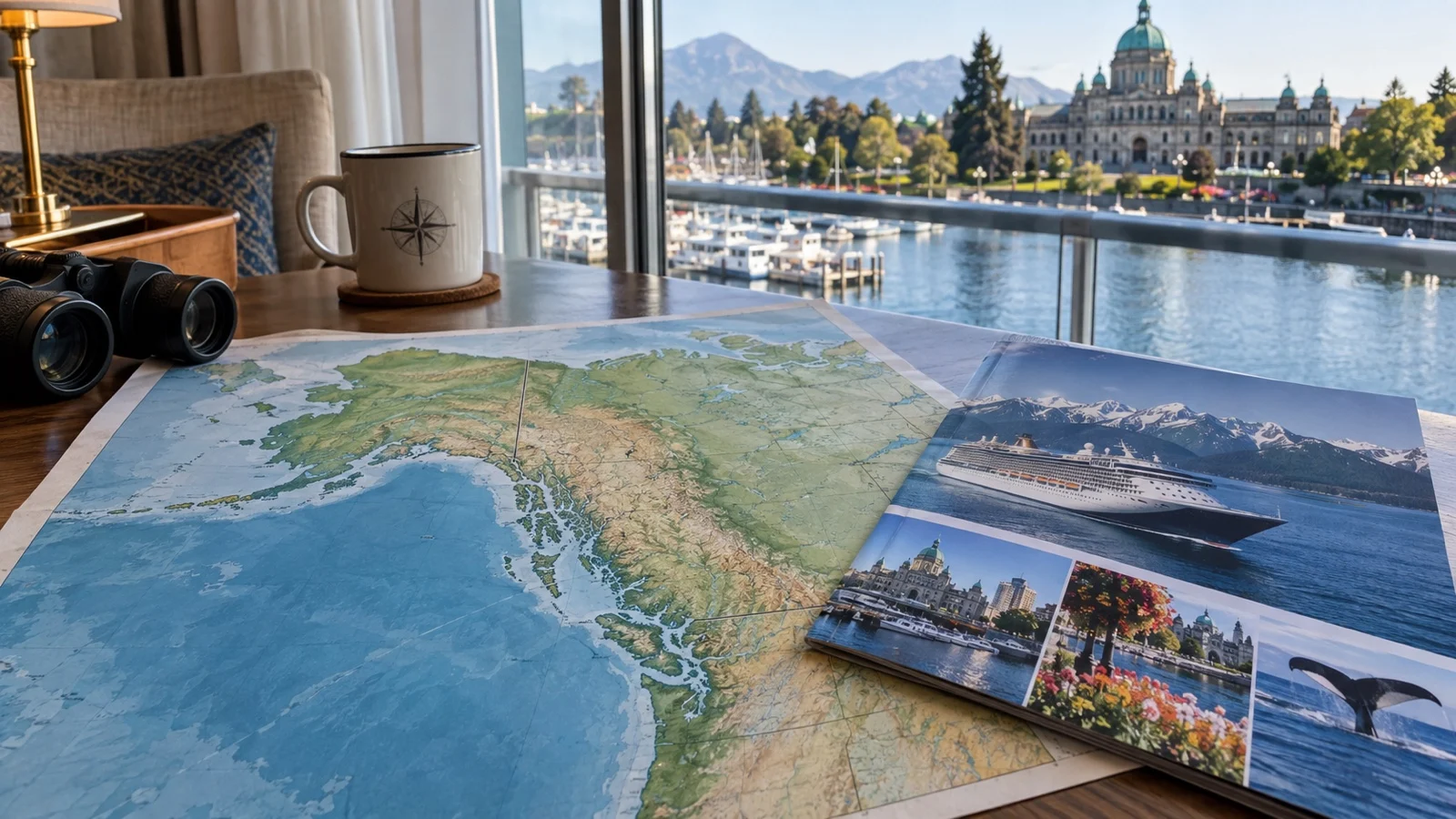 Unlabeled map of Alaska, British Columbia, and Washington beside cruise brochure, no readable text