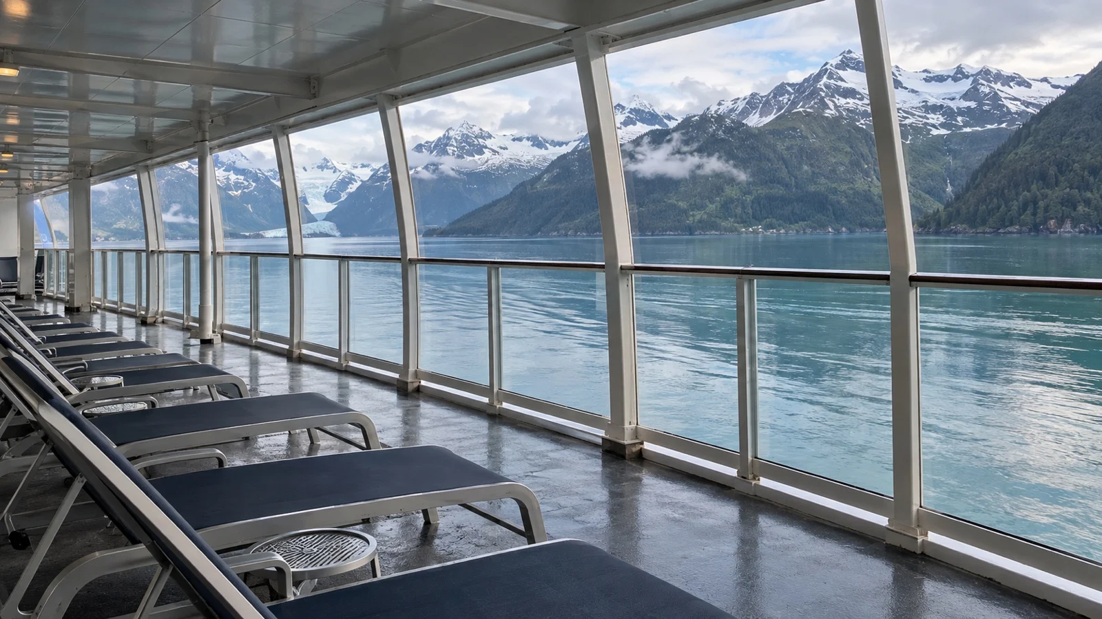 Covered open-air solarium deck on Alaska ferry