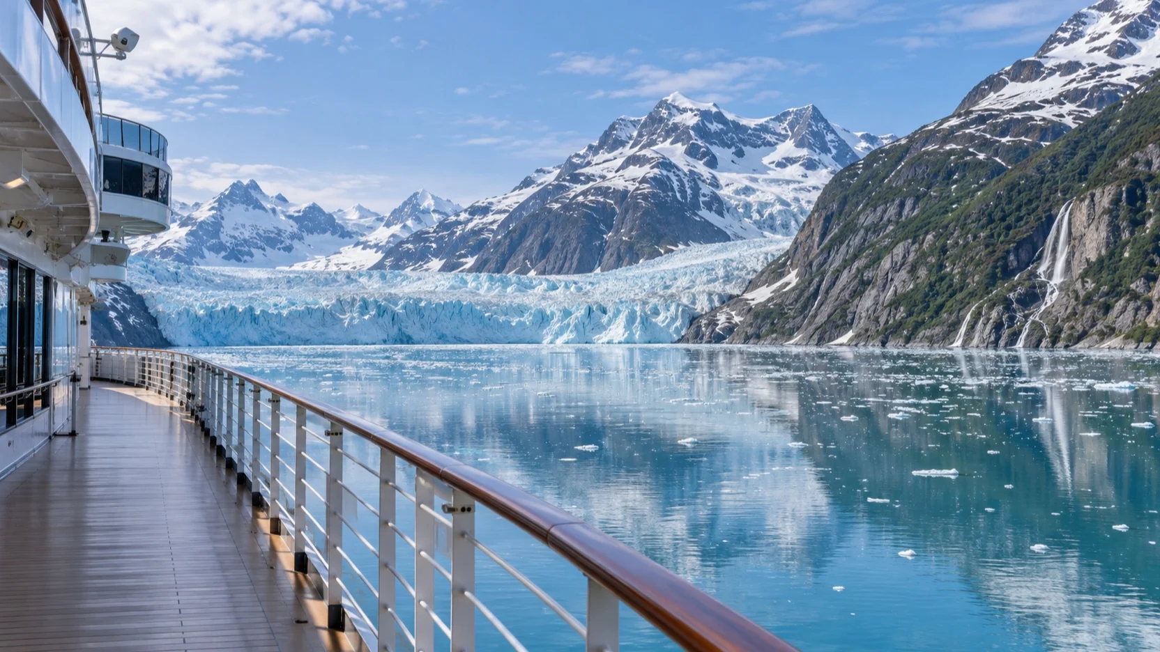 Alaska glacier and mountains visible from an empty cruise ship deck