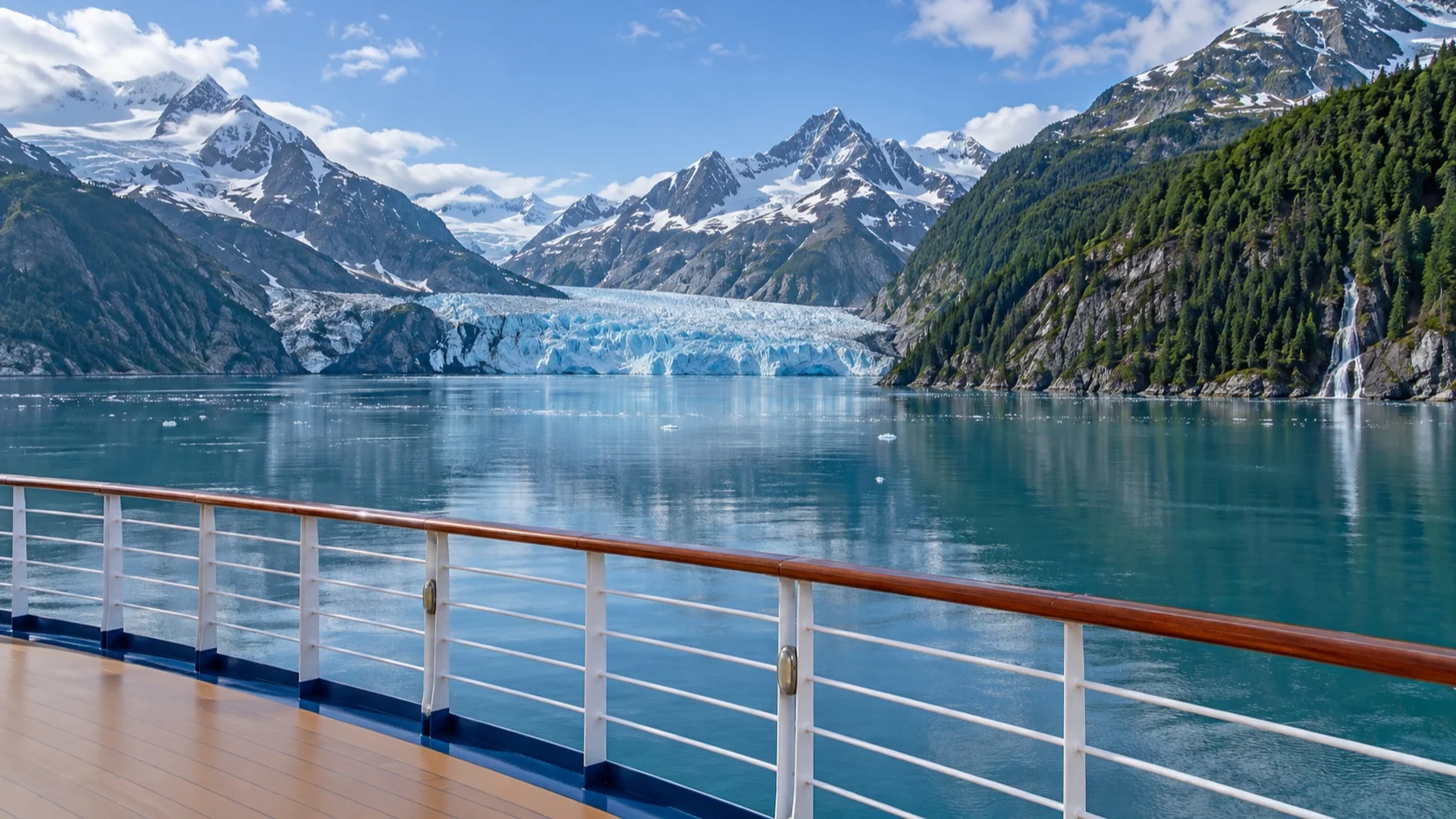 Glacier and fjord mountains seen from an empty Alaska cruise deck