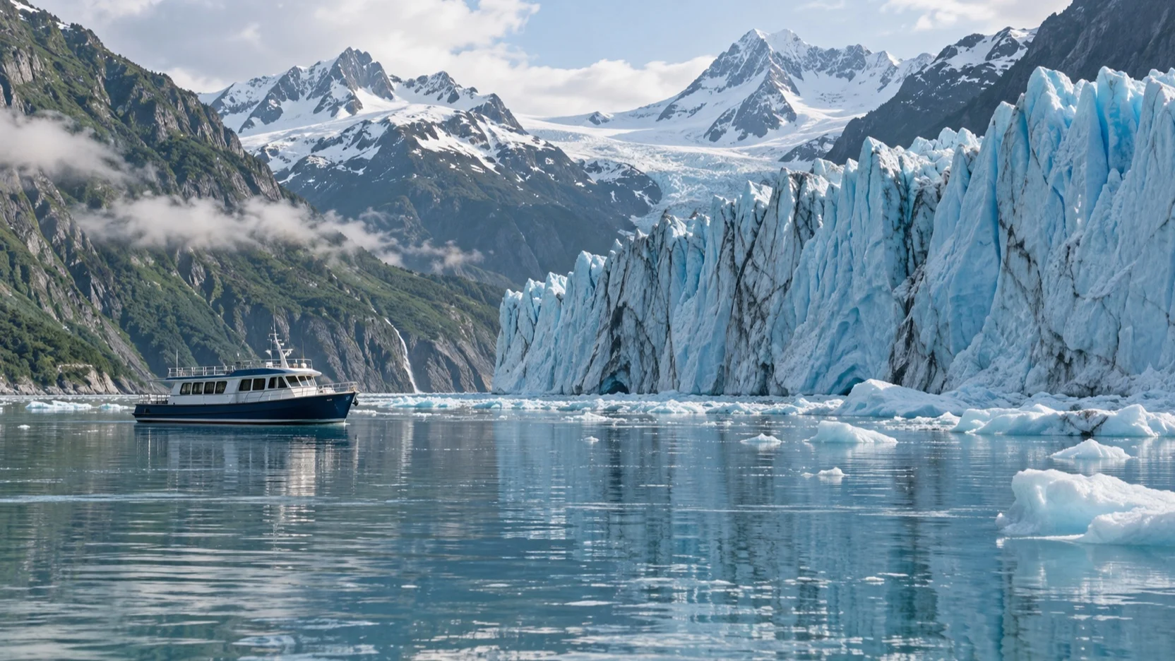 Small tour boat near an Alaska glacier in a remote fjord