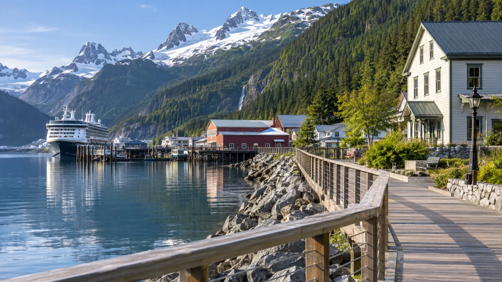 Easy Alaska harbor walk past historic buildings and mountain views